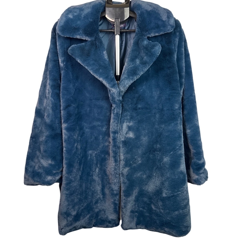 Roamans Faux Fur Coat Slate Blue Plus Size 18W Notched Lapel Mid Length